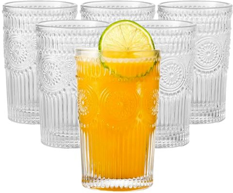ZhouZGlass 6 Pack 12 oz Premium Drinking Glasses, Romantic Water Glasses, Glassware Set with Flower Design, Juice Cups for Cocktails & Beverages for Home and Bar