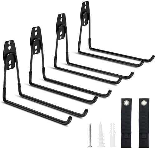4 Pack Garage Hooks Heavy Duty 7.4 Inch U Shaped Ladder Hooks for Garage Wall with 2 Extension Cord Holder Organizer Wall Mount for Ladders Bikes Garden Tools Hose Power Tools Tires and Stroller