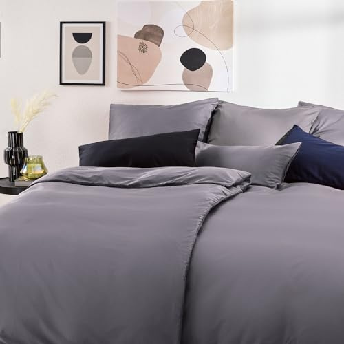 Blumtal Mako Satin Bettwäsche 155x220 Set & 2x 40x80 cm Kissenbezug Anthrazit - Oeko Tex Zertifizierte Satin Bettwäsche aus 100% Baumwolle - edler Bettbezug Glanzoptik 155x220 Satin mit Reißverschluss