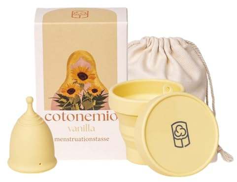 Cotonemio Vanilla – XS Coppetta Mestruale in 100% Silicone Medico con Sterilizzatore e Sacchetto in Cotone | Kit Coppetta Riutilizzabile, Senza BPA, Fino a 12 Ore di Protezione