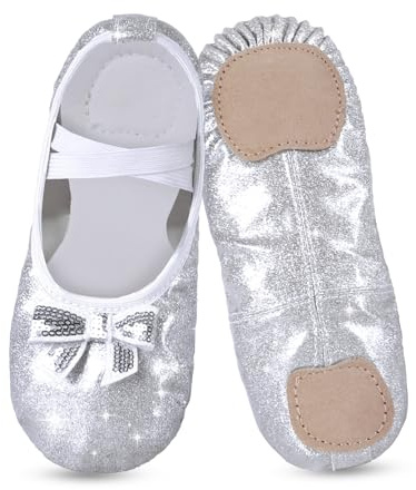 Scarpe da Balletto per Ragazze, Bambini e Bambini, con Design Glitterato con Un Simpatico Arco Diviso, Balletto, Balletto, spettacoli sul palcoscenico, Ginnastica, Argento, 27 EU