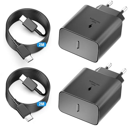 2Pcs Chargeur 45W Super Charge Rapide pour Samsung Galaxy S26,S25,S24+,S24 Ultra,S23+,S23 Ultra, S22,S21,Note20,A54,Z Fold5,Flip5,Fold4, Flip4,Tab S8,Prise Secteur USB C Adapteur avec 2m Câble USB C