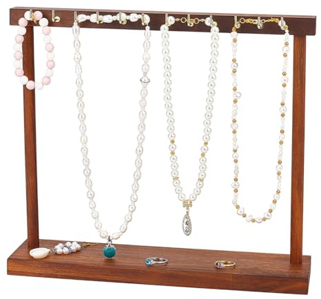 HOBBIESAY 1 Sets Walnut Wood Necklace Display Stand with 12 Hooks Wooden Necklace Holder Wood Jewelry Hanger Display Jewelry Organizer Rack for Bracelets Necklaces Earrings Hanging