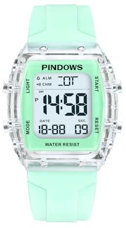PINDOWS Women's Digital Sport Watch, Clear Transparent Case, Bright LED Light, 5ATM Water Resistant, Stopwatch Alarm Dual Time, Stylish Watch for Active Women&Teens