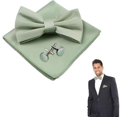 Guanici Hochzeit Fliege Herren Mit Taschentuch Manschettenknöpfe Set Fliege für Formelle Anlässe Hochzeiten Abendpartys und Feierlichkeiten（Salbeigrün）