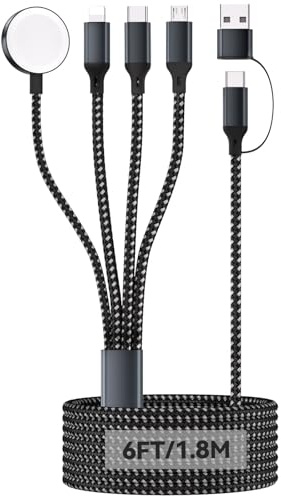 Homailida 4 en 2 Multiple Rapide Chargeur pour A pple Watch, 1.8M/6FT Câble Tressé Nylon USB A/C vers Port iOS/Type C/Micro USB/iWatch Compatible pour iWatch Ultra/SE/1-11/iPhone/iPad/AirPods/Galaxy
