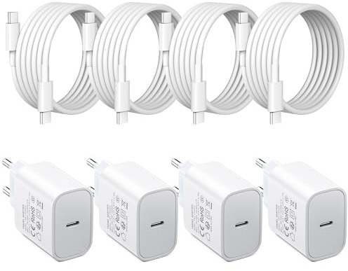 Lot de 4 câbles de Charge USB C 25 W - Chargeur Rapide PD3.0 - Prise Type C - 25 W - Chargeur Mural avec câble de 1.8 m - Compatible avec iPhone 16/15/14/13/12/11/Galaxy S24/S23/S22