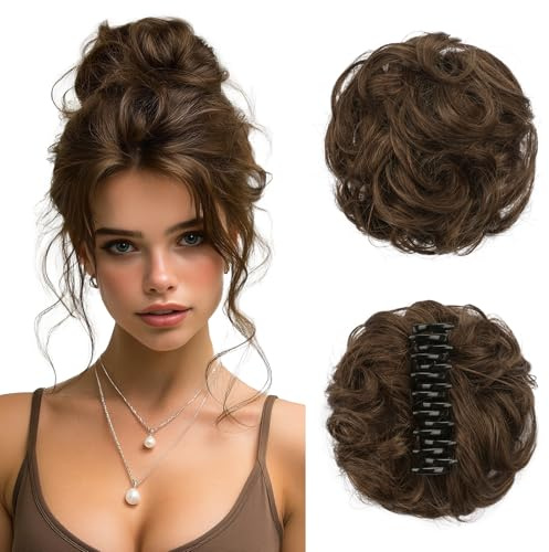 Sofeiyan Chignon en Cheveux Humains, Postiche Bouclé Messy Bun avec Pince, Extensions de Cheveux Bouclés Naturel Clip Bun pour Femmes, Clip in Claw Scrunchies(Brun Chocolat)