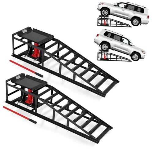 GarveeTech Hydraulic Car Ramps 2-Pack, 11000 LBS Low Profile Portable Car Lift Ramp for Oil Change & Garage Repair, Heavy Duty Steel Ramps for Trucks/Low Cars (Black)