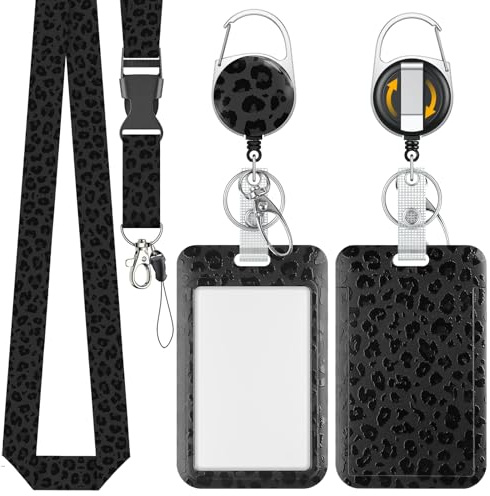 Uniclife Fashionable Sliding Badge Holder Black Leopard Print Plastic Card Holder with Retractable Badge Reel Carabiner & Detachable Lanyard Vertical Card Protector for Office Worker Teacher Student