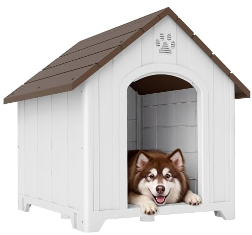 PawHut Caseta para Perros Exterior Impermeable 102x94x103 cm Marrón Oscuro | Casa para Perros Extragrandes, Plástico, 2 Ventanas, Base Elevada, Estacas, Fácil de Montar