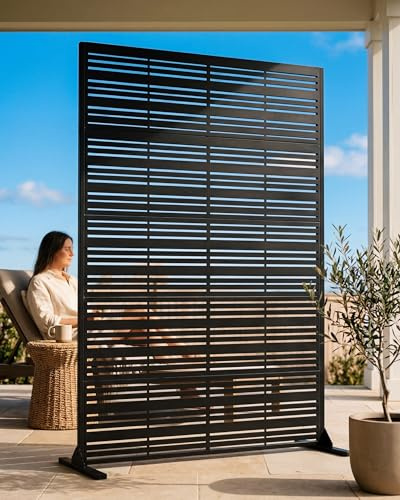 Outdoor Privacy Screen 72 H x 47 W | 37lb Heavy-Duty Metal Fence Panel, Matte Black | Freestanding with Expansion Anchors for Patio, Balcony, Pool, Deck — Modern Slatted Design