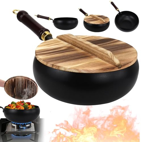 XJGQZ Japanese Iron Wok Pan with Lid, 24cm Uncoated Stir Fry Skillet