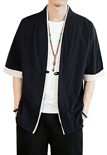 HAORUN Men Japanese Short-Sleeved Kimono Cardigan Yukata Coat Loose Cardigan Jacket Top (XXX-Large, Black)
