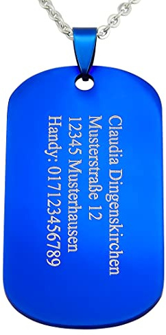 Hanessa Personalisierte Kette mit Gravur Edelstahl 50 cm mit Anhänger Dog Tag Erkennungsmarke in silber blau - Personalisierte Halskette für Männer und Frauen - Personalisierter Schmuck Damen Herren