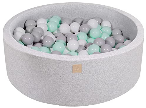 MEOWBABY Bällebad Baby - Rund 90x30cm Ballgruben für Kinder mit 200 Bälle, Cotton, Hellgrau: Weiß/Grau/Minze
