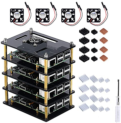 GeeekPi Cluster Gehäuse mit Kühlventilator und Kühlkörpern für Raspberry Pi 4, 4-lagiges Acryl-Stapelgehäuse für Raspberry Pi 3B+/3/2 Model B