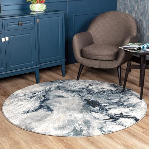 Livabliss New York Wohnzimmer Teppich modern – Abstrakt Design in Marmor Optik für Wohnzimmer 160 cm Rund, Esszimmer, Schlafzimmer - Marmor Teppiche groß, weicher Teppich Kurzflor in Blau, Grau, Beige