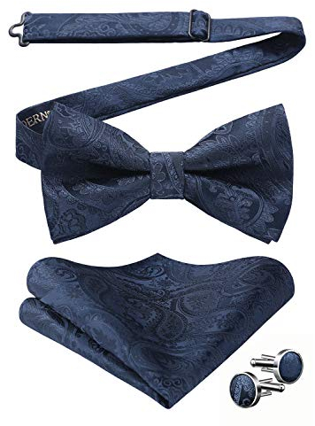 HISDERN Dunkelblaue Fliege Herren Paisley Fliege und Einstecktuch Manschettenknöpfe Set für Hochzeit Sfeier Weihnachten Halloween Bereits Gfebunden Schleife
