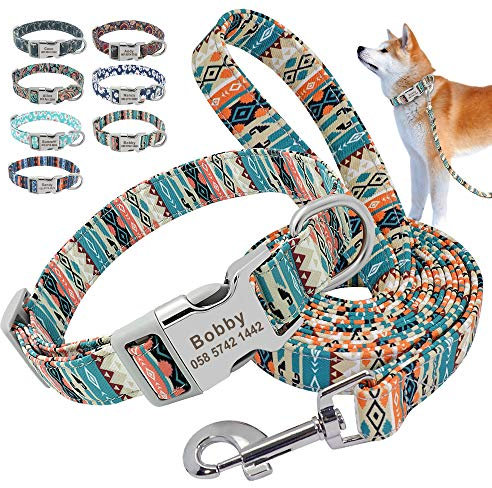 Beirui Hundehalsband und Leine, Nylon, personalisierbar, weich, ethnischer Stil, für kleine, mittelgroße und große Hunde, mit leichter Schnalle, L, böhmisches Grün