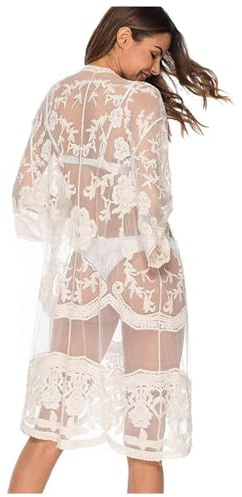 Shuanghao Mujer Verano Sexy Ropa Vestido de Playa Encaje Coverups Camisolas y Pareos de Bikini Baño Largo Suelto Suave Cómodo Floral Gasa Traje Camiseta Camisa Punto Túnica Girl
