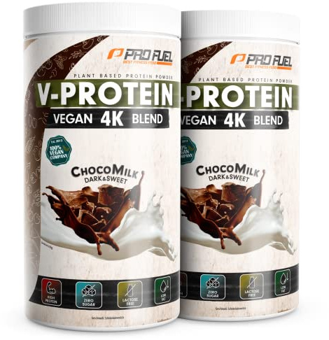 Veganes Proteinpulver SCHOKOLADE 2x750g - V-PROTEIN 4K Blend - Unglaublich lecker & cremig | Aus Sonnenblumen, Soja, Hanfsamen & Kürbiskernen | Pflanzliches Eiweißpulver mit 74% Eiweiß