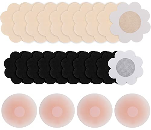 Bigqin 12 Paires Cache-tétons Auto-adhésif Mamelon Pasties, 4 Pétales Poitrine en Silicone Réutilisable, 20 Couvre-tétons Invisibles Tissu Non Tissé Nipple Cover pour Fête de Filles Femmes
