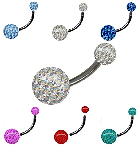 EPOXY-kula TITAN G23 navelpiercing EPOXYD-HARZ FERIDO MULTI-KRISTALL banan Bananabell piercing mage kirurgiskt stål 316L rostfritt stål (1,6 x 10 mm, stål silver, boll vit klar)