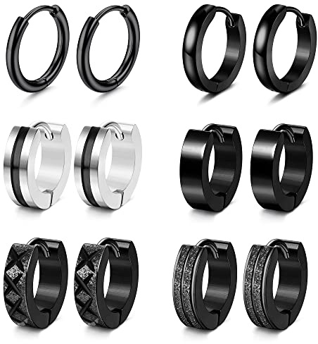 Adramata Boucles d'Oreilles Créoles Homme et Femme 6 Paires Noir Acier Inoxydable Piercing Anneau Cartilage Helix