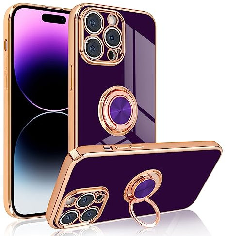 Newseego Electroplated Magnetic iPhone 14 Pro Max Case, 360 Degree Rotation Finger Ring Holder Phone Case Magnet Car Stand Silicone Shockproof Protective Bumper Cover for iPhone 14 Pro Max-Dark Purple