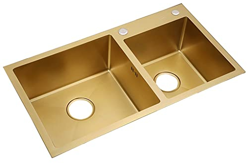 Doppelwaschbecken, Küchenbar, Edelstahlspüle, Wet Bar & Vorbereitungsspüle, Wohnmobilspüle mit Abflusskorb und Oben oder unten montiertem Abfluss (Farbe: Gold, Größe: 80 x 45 x 22 cm)