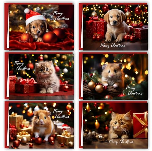 12 Weihnachtskarten Set Klappkarten mit Umschlägen a6 Karte Karten Umschlag glanz Frohe Weihnachten Merry Christmas xmas Rot Tiere Hund Katze Maus Welpen Kätzchen Meerschweinchen