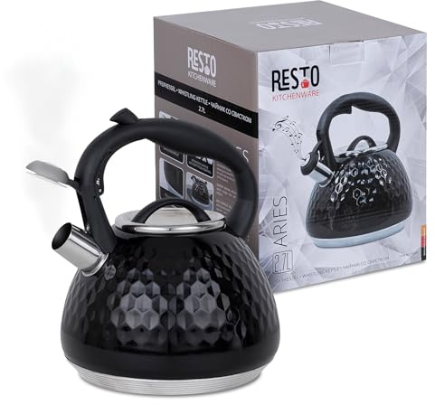 RESTO Flötenkessel, Wasserkessel mit 3D-Design - Wasserkocher mit mehrschichtigem Kapselboden – Pfeifenkessel 2,7 Liter für alle Herdarten / (Schwarz)