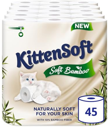 Regina KittenSoft Soft Bamboo - 45 Rolls of Toilet Tissue 3 Ply, 160 Sheets, Naturally Soft For Your Skin, Toilet Tissue made with Bamboo Fibres, 30% PCR Plastic Packaging, FSC Certificated
