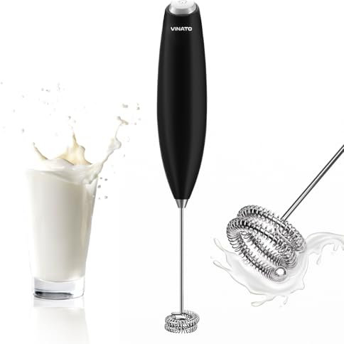 VINATO Milchaufschäumer Elektrisch, Milchaufschäumer Stab für Schnelles Aufschäumen, Batteriebetriebener Milk Frother für Kaffee, Latte, Cappuccino, Heiß & Kalte Schokolade, Schwarz