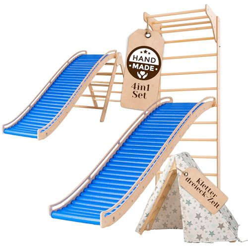 WoodsCraft 4in1 Wellenrutsche mit Kletterdreieck, Sprossenwand für Kinderzimmer & Kinderzelt Indoor | Rutsche Outdoor & Indoor | Kinderrutsche-Rollenrutsche | Kinder & Baby Rutsche für den Garten