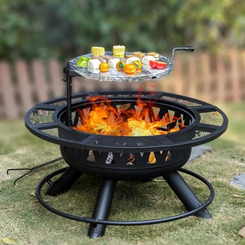 ZHAOXI 36 Zoll große Feuerstelle mit Grill und Deckel, holzbefeuerte Feuerstelle aus Metall für den Außenbereich, 3-in-1 große Feuerstelle mit Parkschirm und Schürhaken für Lagerfeuer im Garten