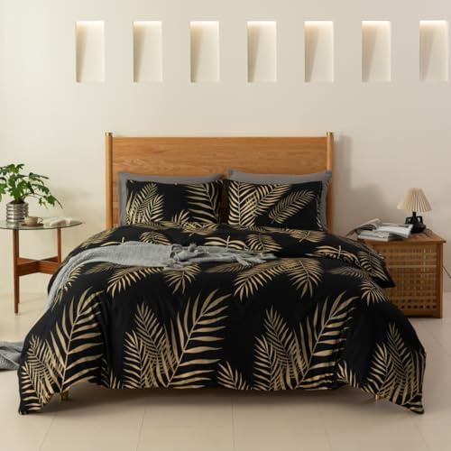YASMENG Bettwäsche 200x220 Gold Schwarz Blätter Bettwäsche Gold Blätter Motiv Modern Weich Mikrofaser Bettbezug Set 3 Teilig mit Reißverschluss und 2 Kissenbezüge 80x80 cm
