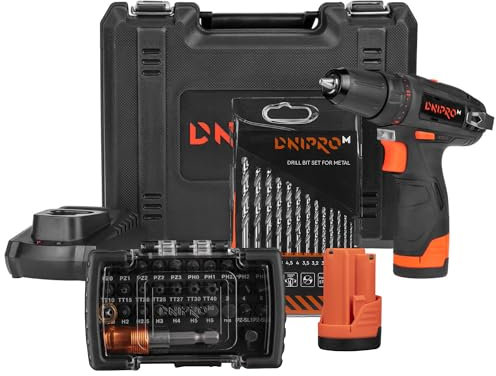 Dnipro-M Taladro Destornillador Electrico CD-12CX Compact - 1300 RPM, 30 Nm con 2 Baterías 2Ah, 12V - Cargador Rápido, Kit Herramientas Bateria con Puntas Atornillador, Juego de Brocas Metal y Maletin