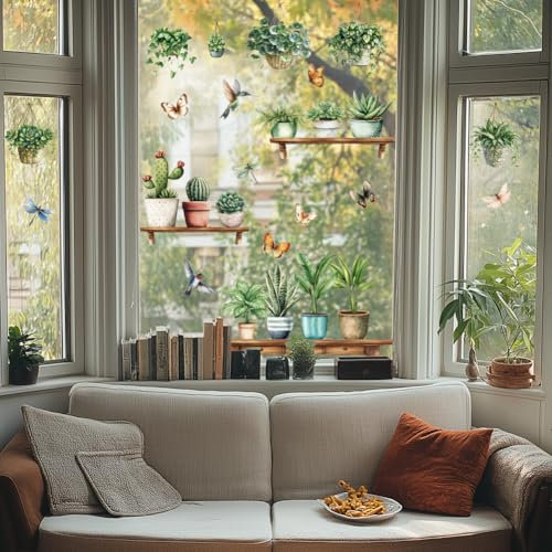 ANATTASOUL Spring Static Window Clings Pot Plant Butterfly Hummingbird 1 Sheet Reusable Window Decals for Glass, 47.24 x 11.8 Removable Double Sided Window Sticker for Room Office Home Decoration