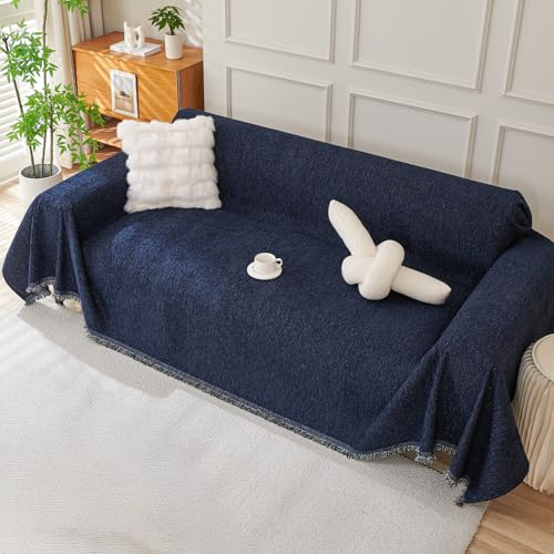 Royhom Sofa Überzug Chenille, Sofabezug L Form, Couch Überzug Ecksofa, Sofaüberwurf 2 Sitzer, Couch Überwurf mit Deko Quasten, Blau Sofa Überwurf(Navy, 180x260cm)