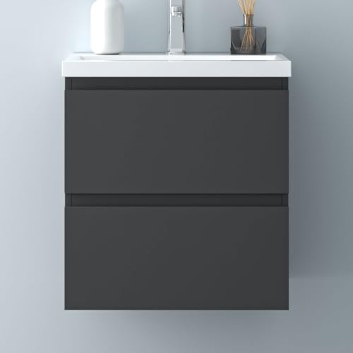 500 * 385 Matt Anthracite MDF Vanity Unit, Wall mounted, Detachable, Soft Close, Dual Drawer + Artificial stone Basin