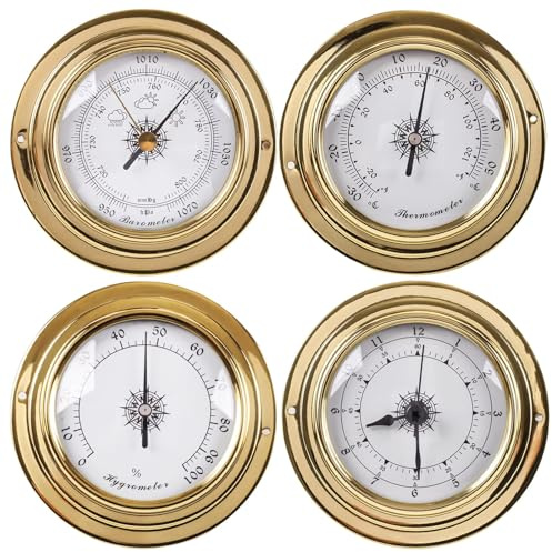 4Pcs Analog Weather Station Set,98mm Barometer Thermometer Hygrometer Clock Kit,Portable Boat Metal Weather Barometer,Wall-Mounted Barometers for The Home,for Indoor and Outdoor Use