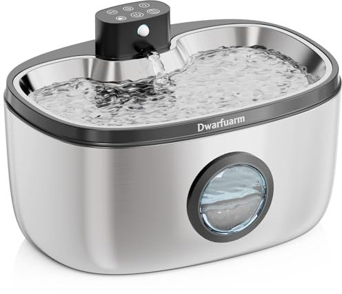 Stainless Steel Cat Water Fountain 5L/169oz, Pet Drinking Fountain with Quiet Pump, Water Level Window & LED Light, Wireless Water Bowl for Cats and Dogs (2 Filters Included)