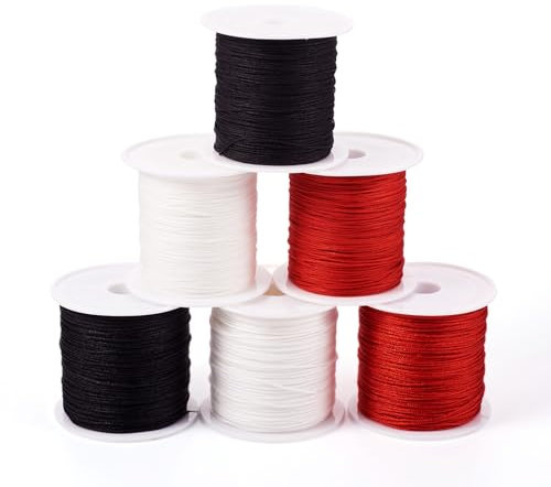 Craftdady 6 rullar nylonsträng vit pärltråd svart flätad sladd 0,6/0,8 mm röd kinesisk knutsnöre för makramé hantverk vänskapsarmband halsband smyckestillverkning