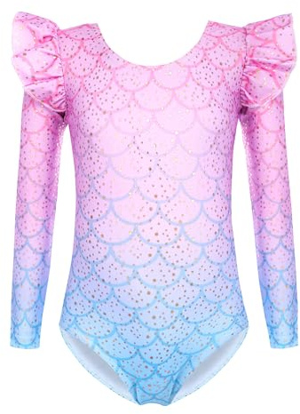 Arshiner Justaucorps de gymnastique pour filles Sirène Justaucorps de gymnastique pour enfants à manches longues Maillots de ballet classique Tenue de gymnastique 130, 4-5 ans