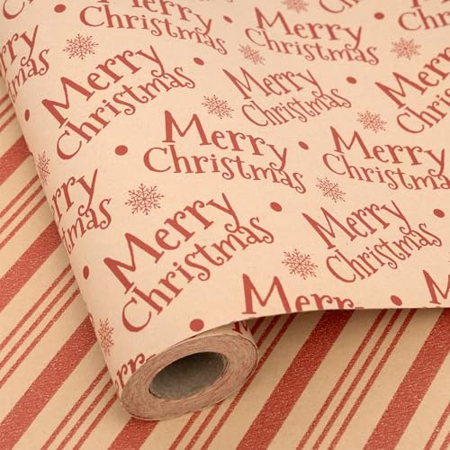 Larcenciel Rotolo Carta Regalo Natale, Carta da Regalo Reversibile con Con strisce rosse e scritte celebrative, Carta da Pacchi Bifacciale Vintage Kraft, per Vacanze,Capodanno,Feste,43CMx10M