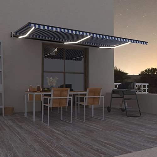 Tenda da Sole Automatica con LED e Sensore Vento, Tessuto Poliestere Impermeabile, Telecomando, per Giardino Balcone Terrazzo, Blu e Bianco, 600 x 300 cm