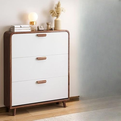 Zapatero de pared de madera con 3 cajones abatibles, ideal para entrada, pasillo y dormitorio, 80 cm de largo, acabado en nogal y blanco, ahorra espacio