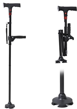 Adjustable Height Smart Walking Cane with LED Light, SOS Alarm & Foldable Design – Dual Handle Mobility Aid for Seniors with Anti-Slip Base – Lightweight Battery Operated Walking Stick (Black)